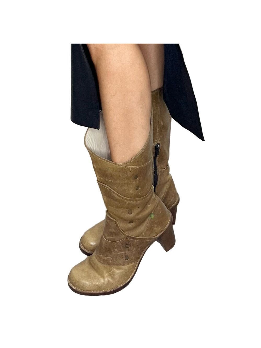El Naturalista Spain distressed tan leather patchwork studded heeled boho boots - Picture 3 of 16